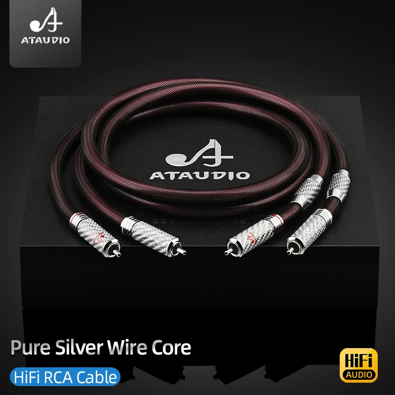 ATAUDIO One Pair HiFi 2RCA Audio Cable Pure Silver Wire Core Dual RCA Male Plug Interconnect Cable for Amplifier Speaker