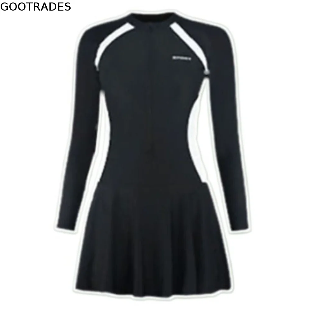 Letter Long Sleeve Zipper Skirt Swimsuit Color Blocking Patchwork Hot Spring Swimwear Korean Style Sporty Style