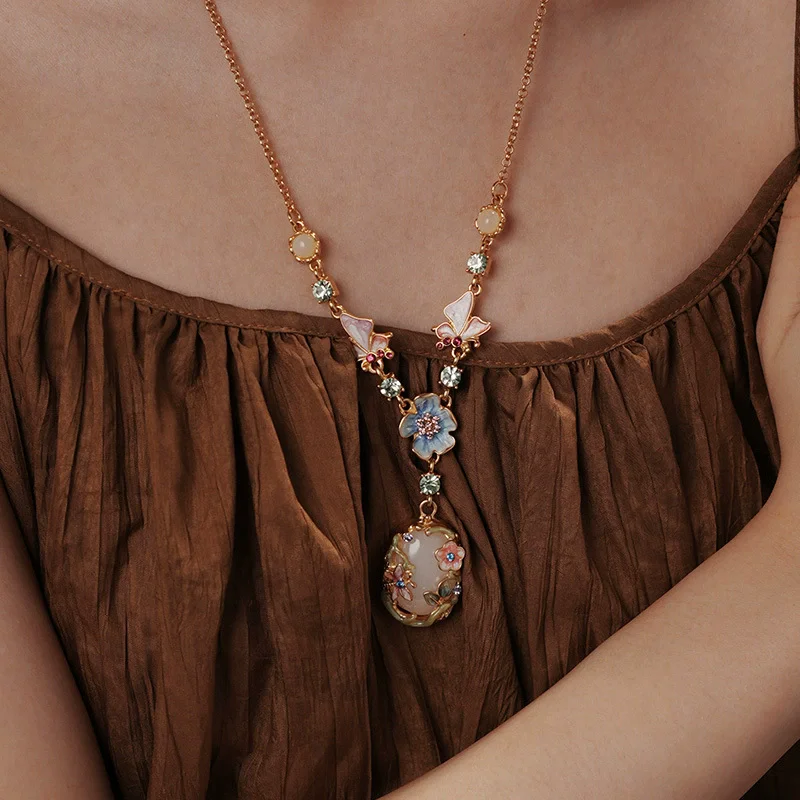 Vintage glazed butterfly flower necklace, medieval pink green stone sweater, long necklace