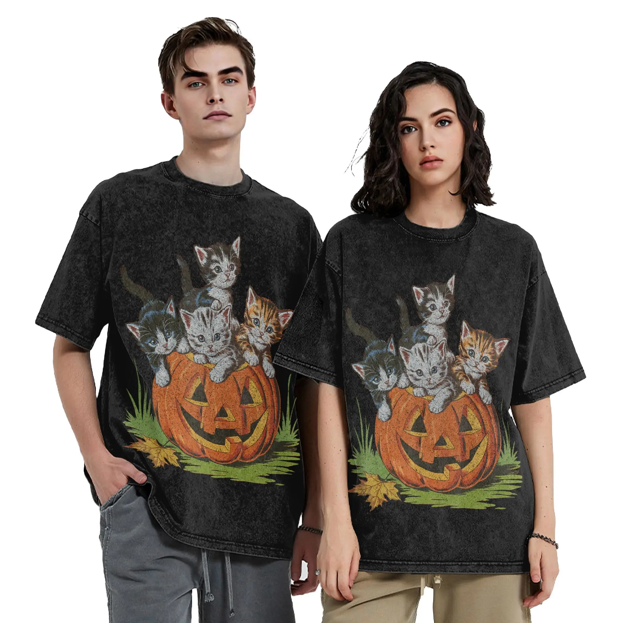 Halloween Vintage 90s Cat Washed T Shirt Streetwear Hip Hop T-Shirts Pumpkin Spooky Season Tee Tops Men Women 100% Cotton Summer