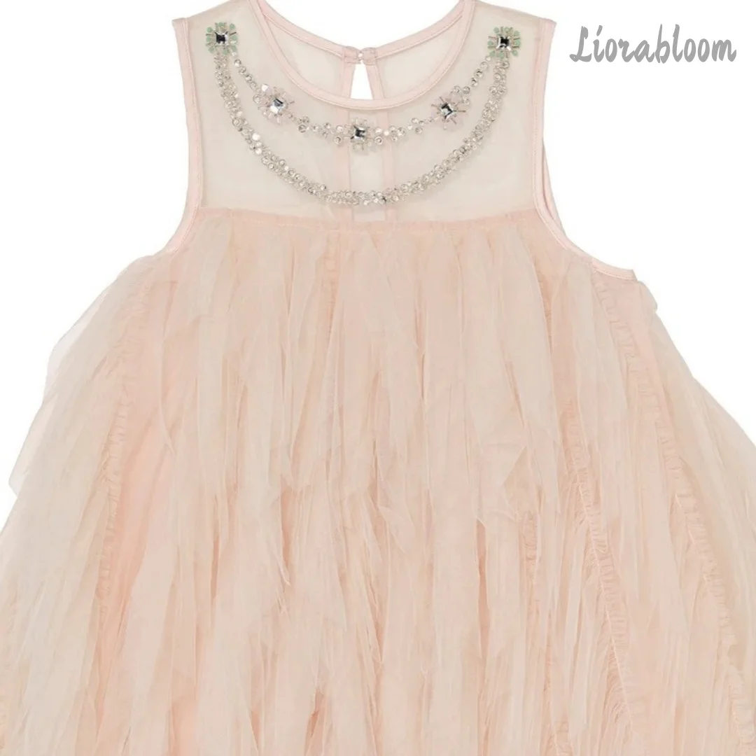 Abito da damigella in tulle stile principessa per bambina, personalizzabile, multicolore, lungo, con spalle scoperte, per matrimonio
