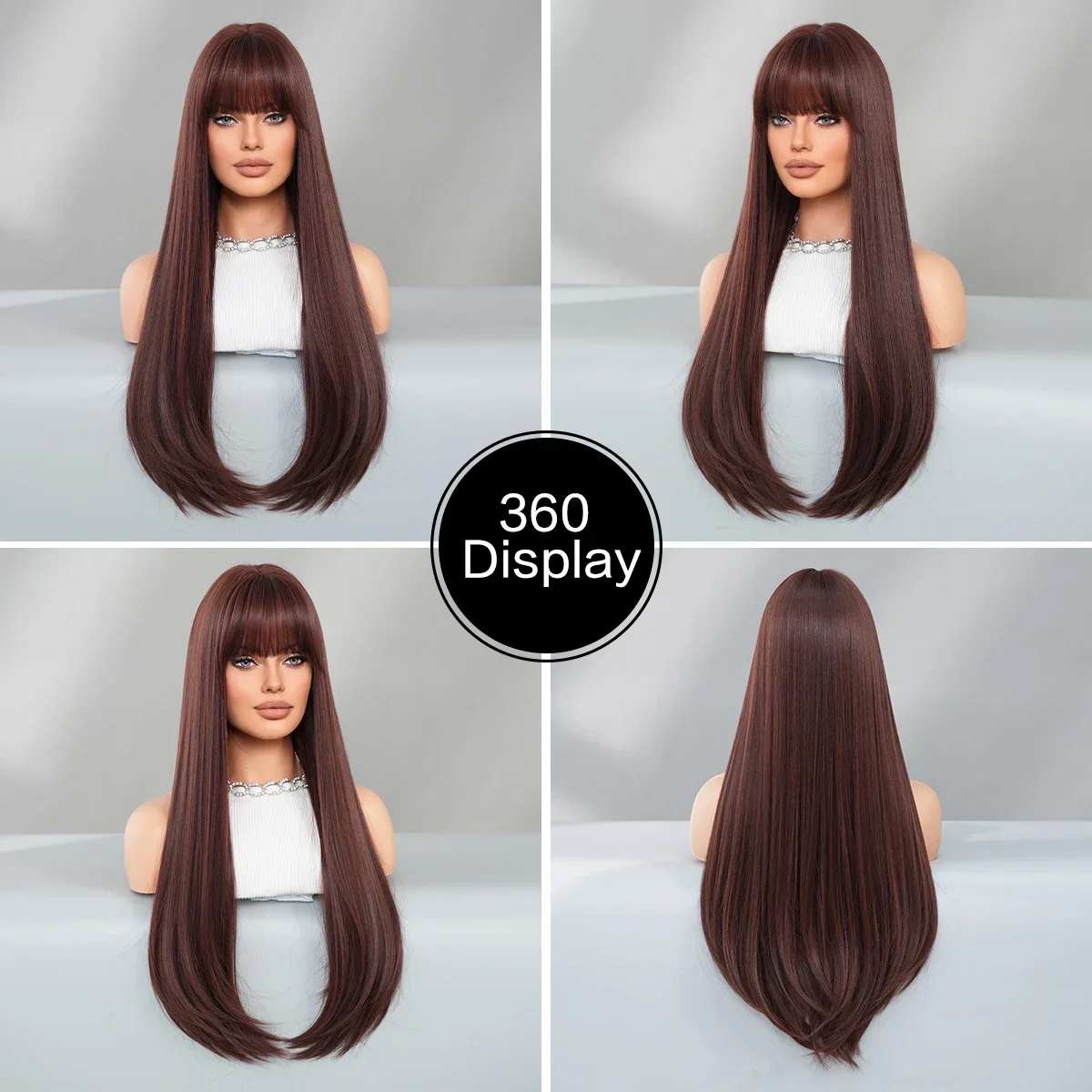 Long Straight Mocha Brown Wig for Women Daily Party High Density Synthetic Red Brown Hair Wigs with Bangs Natural Looking 28Inch