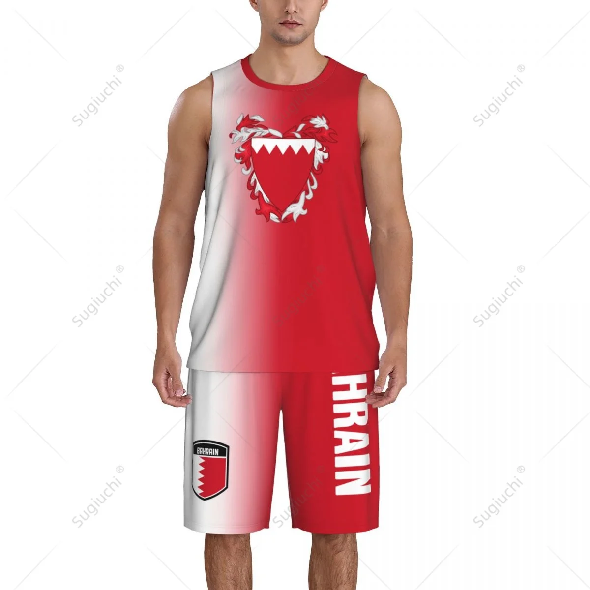 Conjunto de camisa de basquete com bandeira da Bahrein masculina, camisa e calças de malha, sem mangas, exclusivo, nome personalizado, Nunber, unissex