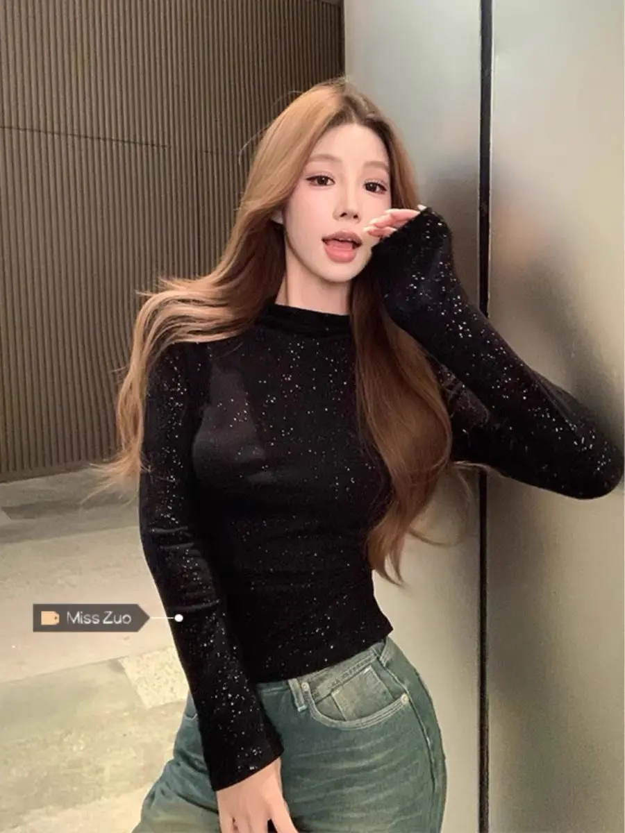 Shine Semi High Neck Long Sleeve T Shirt Women Autumn Slim Fit Base Layer