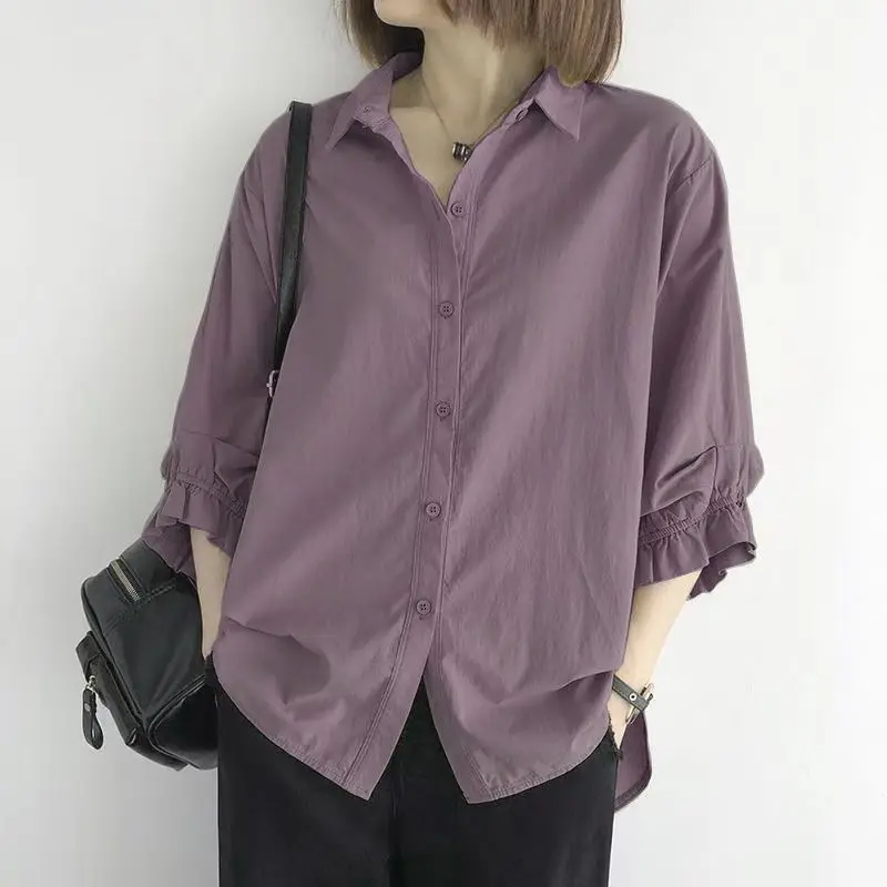 Einfarbiges Rüschenkanten-Laternenärmel-Oberteil mit Sieben-Viertel-Ärmeln Einreihiges Hemd Frühling Sommer Neue Koreanische Version Damen Locker Sitzende Übergrößen-Bluse – Detail 19
