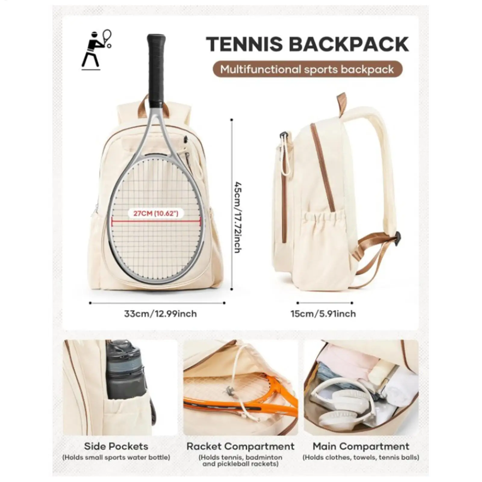 Immagine 4: Zaino per pickleball con spazio per 2 racchette, scomparto per scarpe e tasca impermeabile, zaino sportivo per allenamento