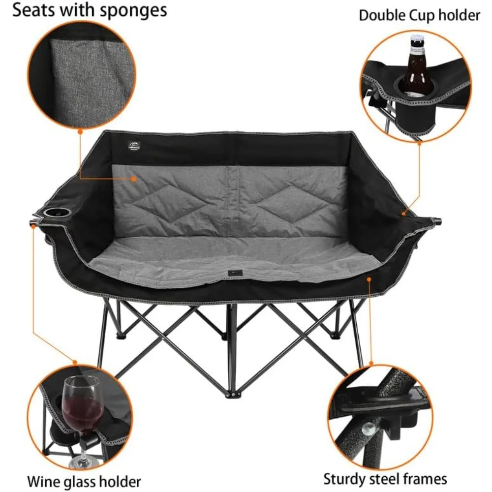 كرسي تخييم قابل للطي بمقعدين، كرسي مزدوج محمول مع حامل أكواب، حامل زجاجي للنبيذ، حقيبة حمل كرسي حديقة عالي التحمل لـ 2