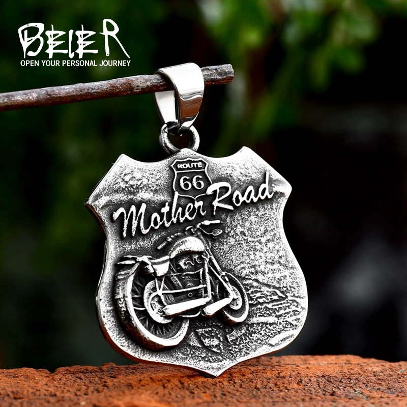 BEIER 2023 New Arrival Stainless Steel Route 66 Road Sign Pendant Motorcycle Biker Pendant Punk Hip Hop Jewelry Gift For Men