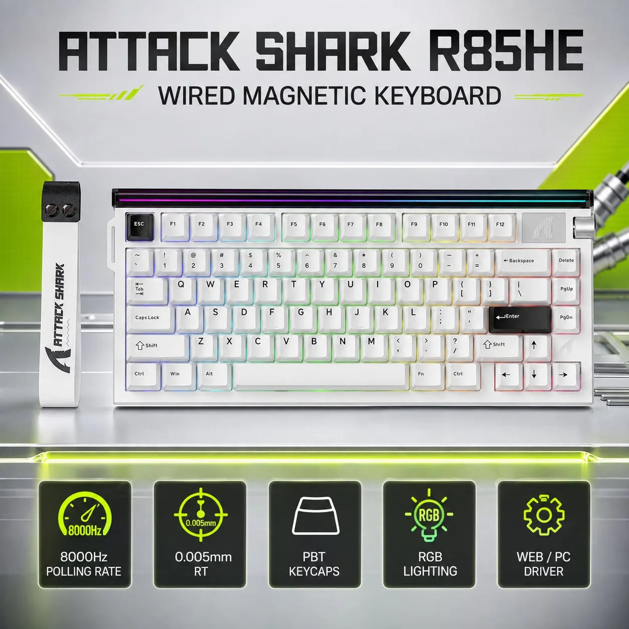 ATTACK SHARK R85HE Wired Magnetic Gaming Keyboard, 8000Hz Polling, 0.005mm Rapid Trigger, PBT Keycaps, RGB, Web and PC Drivers