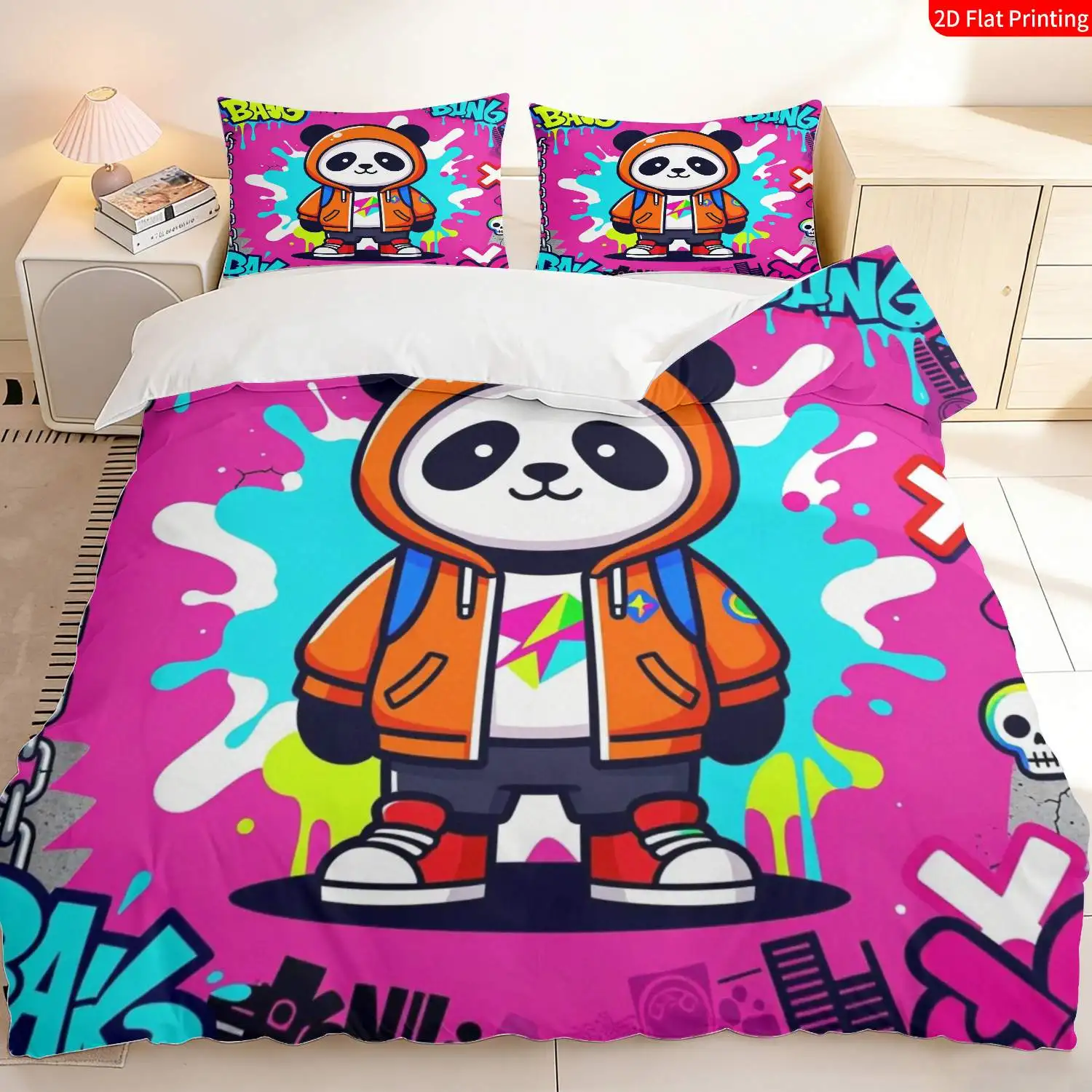 3-Piece Quilt Cover Set, Panda Bedding, Street Hip-Hop Graffiti Style Quilt Cover and Pillowcase, Printed, Zipper Closure, Machine Washable Sheets, Machine Washable, Invisible Zipper, Three-Piece Quilt Cover Set, Bedding Set, Suitable for Home, Dormitory, Master Bedroom, Guest Room