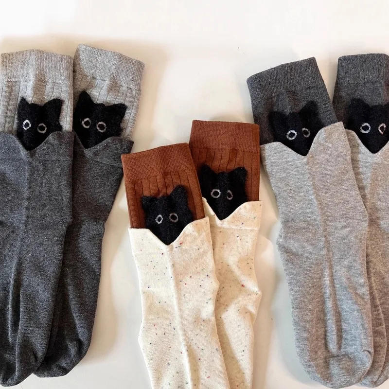 

Warm Kitten Mid-Calf Socks for Autumn Winter Cartoon Peekaboo Soft Cotton Socks Suitable for Sweet Women Kids Home Floor Hosiery