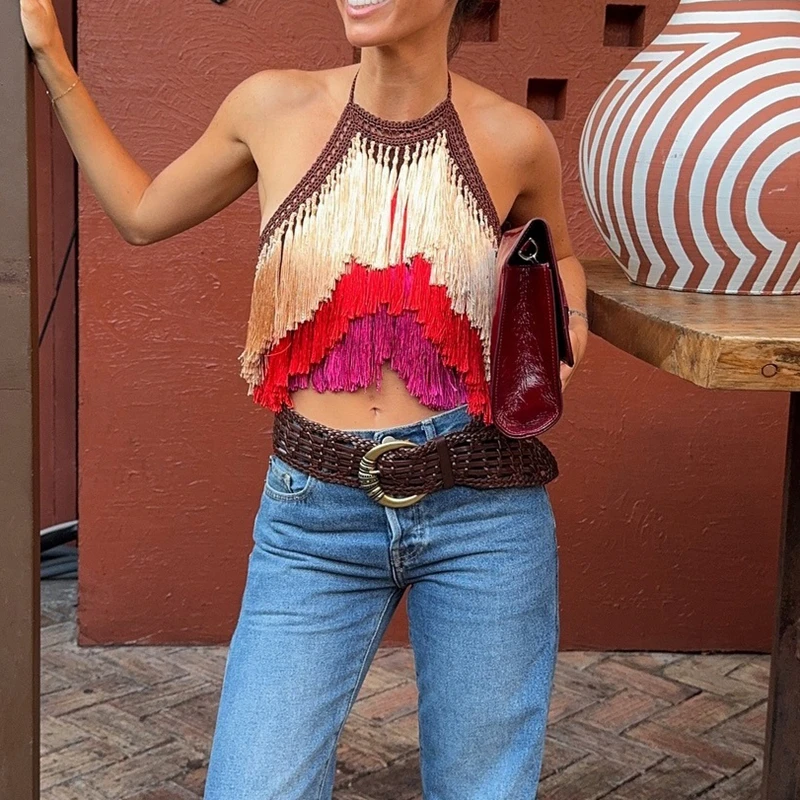 Women's Boho Fringe Lace-up Halter Top Sleeveless Backless Tassel Tank Tops Y2k Sexy Asymmetrical Knit Party Camisole Vest