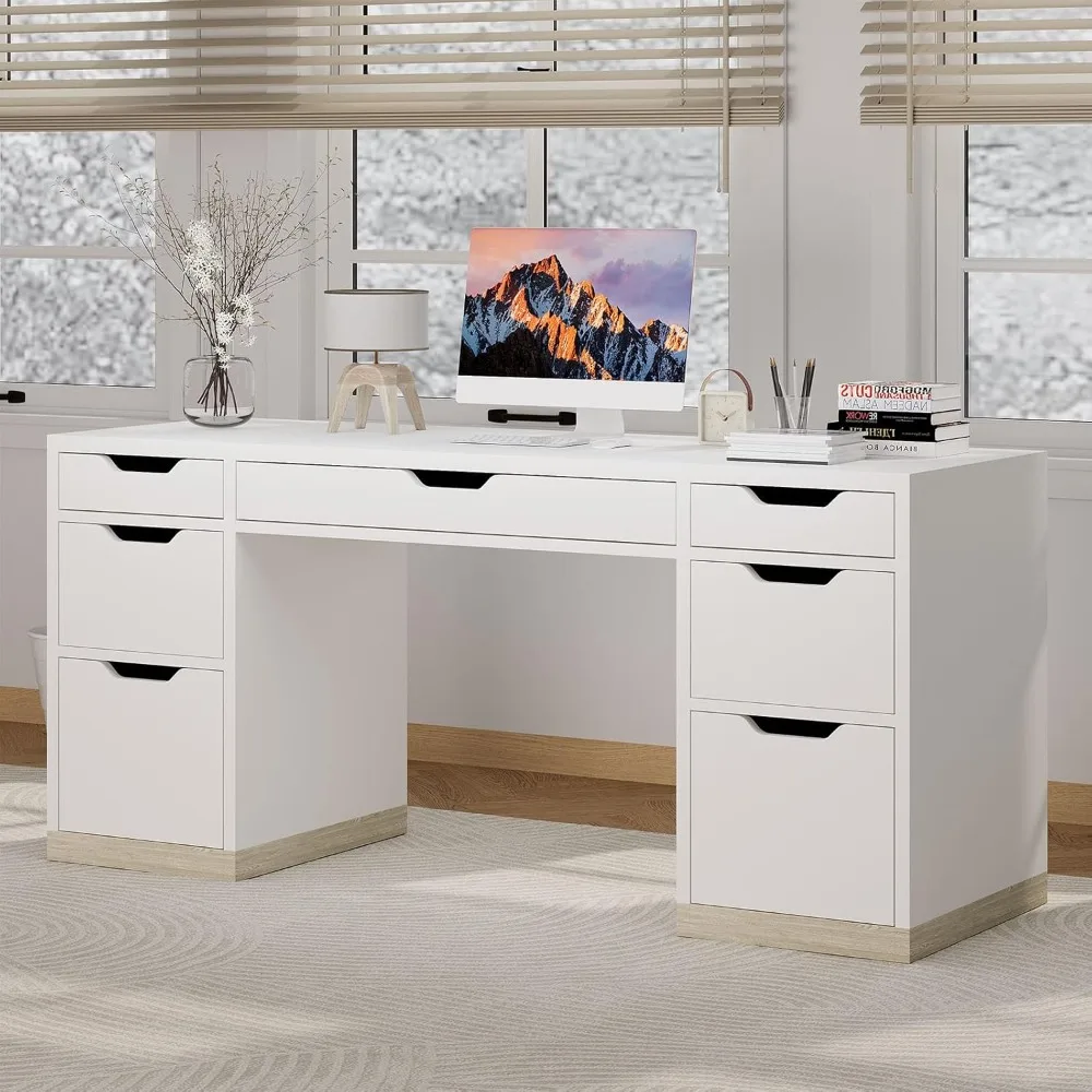 

54 Inch White Desk with Drawers, White Executive Desk with 7 Storage Drawers for Bedroom, Home Office Computer Desk with File Ca