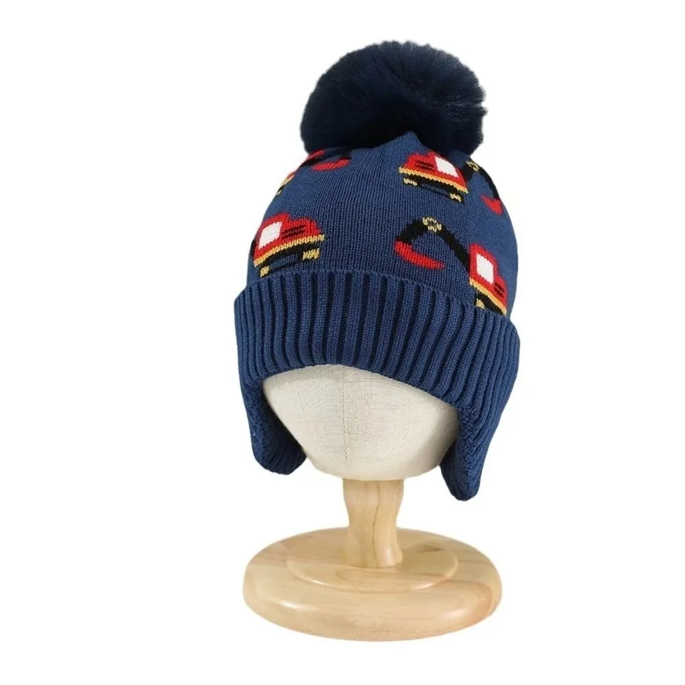 Fashion Warm Fleece Lining Winter Hat Excavator Print Adjustable Ear Flaps Hat Ear Protection Knitted Beanie Winter