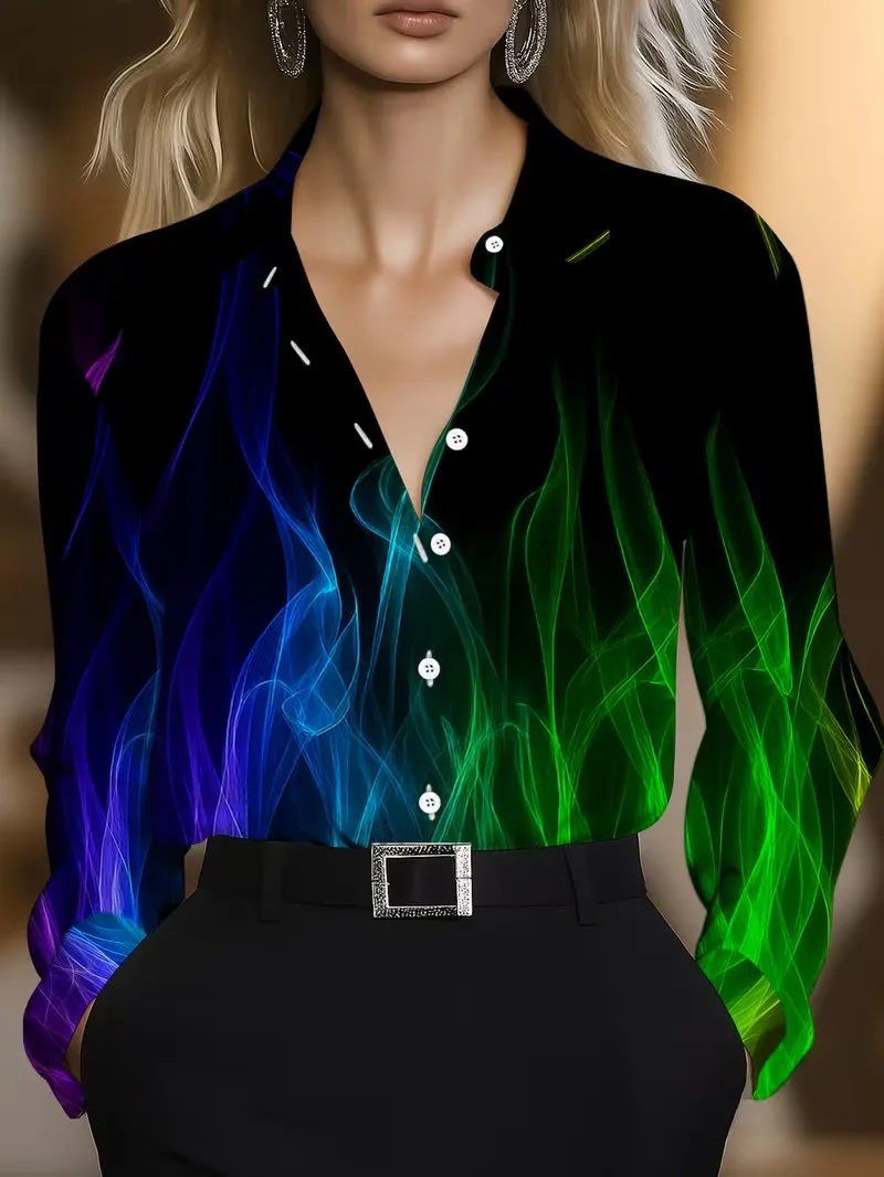 S-3XL Large Women's Long Sleeve Collar Regular Versatile Shirt, 3D Flame Pattern Gradient Stripe Printed Shirt