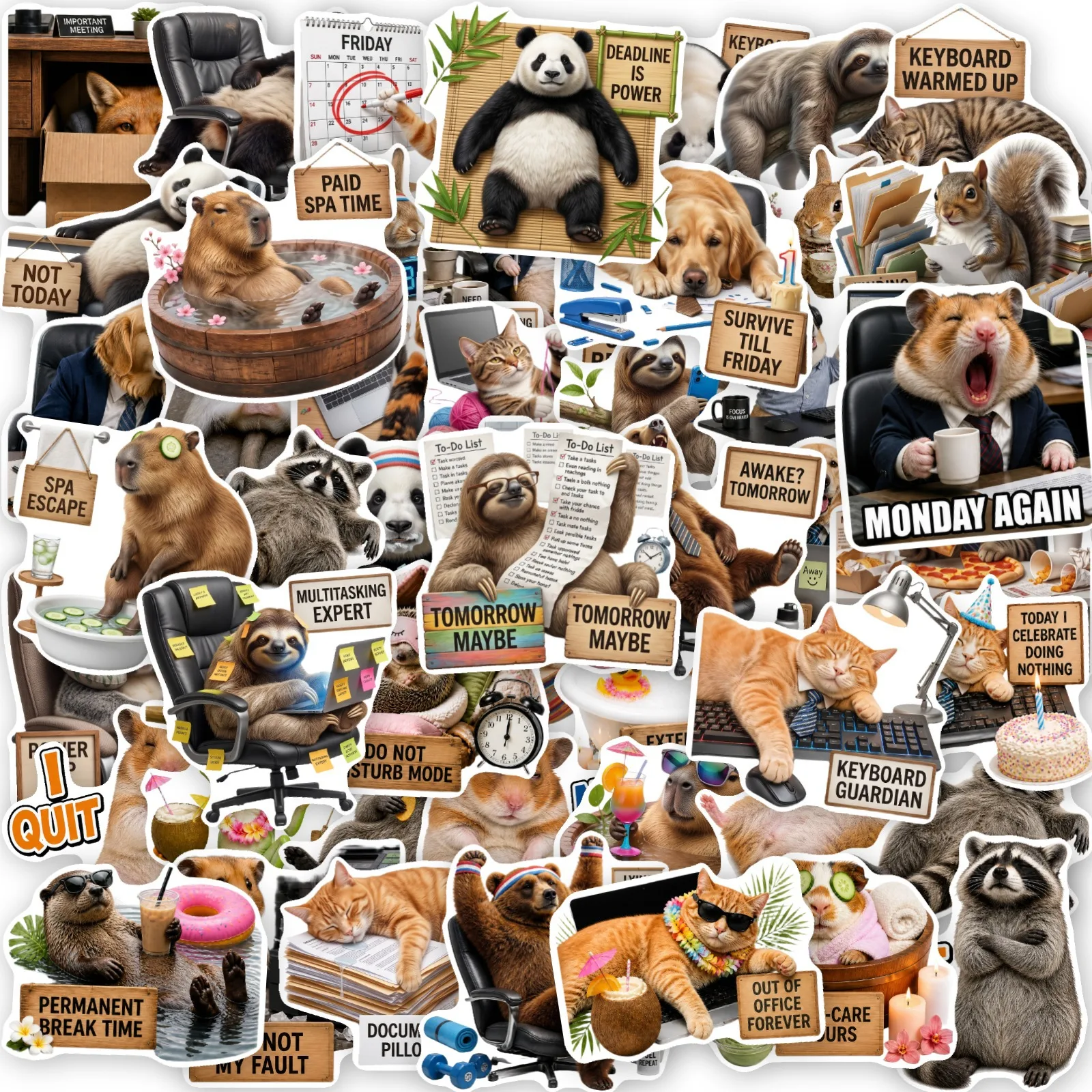 50 Pcs Office Workers Humorous Animal Stickers Waterproof DIY Decals for Phone Case Laptop Water Bottle with English Slogans