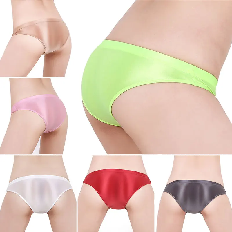 See Through Low Waist Briefs Silky Shiny Satin Panties Sexy Underwear Erotic Lingerie Women\'s Ultra-Thin Oily Glossy Underpants