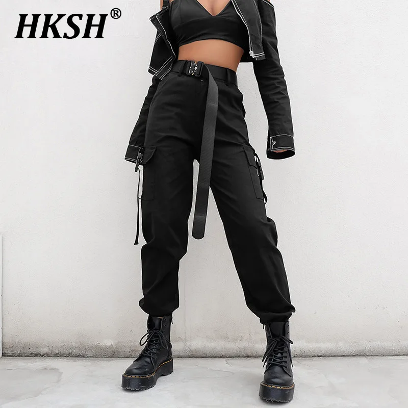 

HKSH Spring Autumn New Fashion Casual Women Dark High Waisted Side Pockets Overalls Buckle Cotton Cargo Pants Chic Ankle H2521