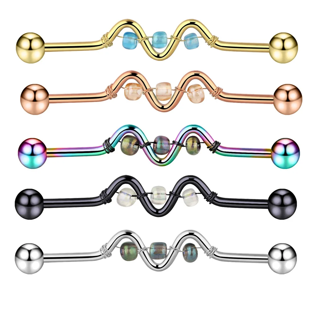 New W-shaped Beads Stud Earrings Ear Expansion Hand-woven Beaded Bell Industrial Barbell Piercing Jewelry