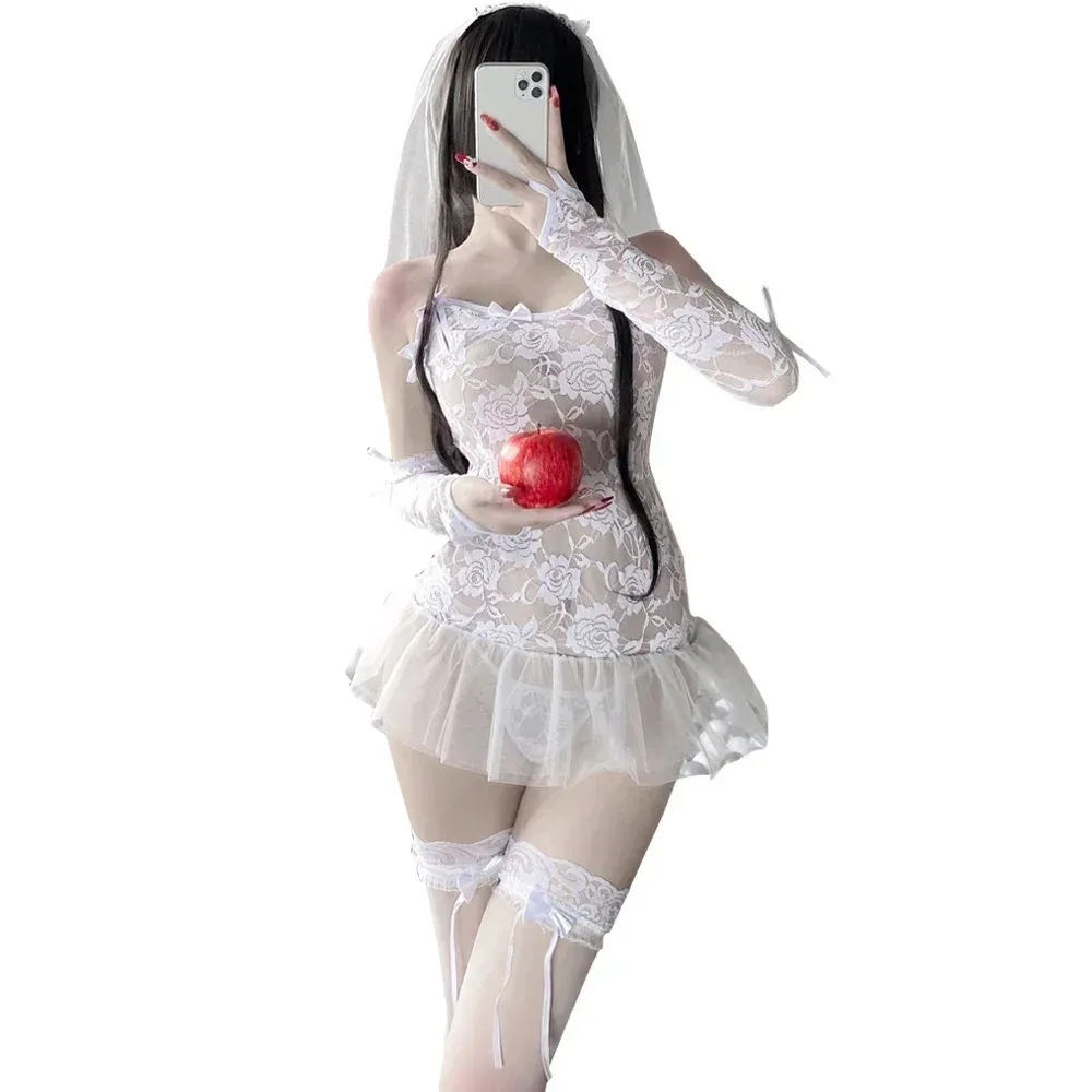 Porno Wedding Bride Fancy Dress Cosplay Uniform Women Sexy Lingerie See Through Exotic Costumes Nightgowns Adult Roleplay
