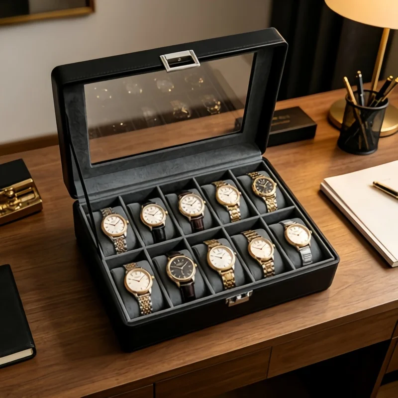 10 Slot Leather Watch Box Lockable Watch Organizer 3PCS Set with 2PCS Jewelry Box for Men Women Daily Use