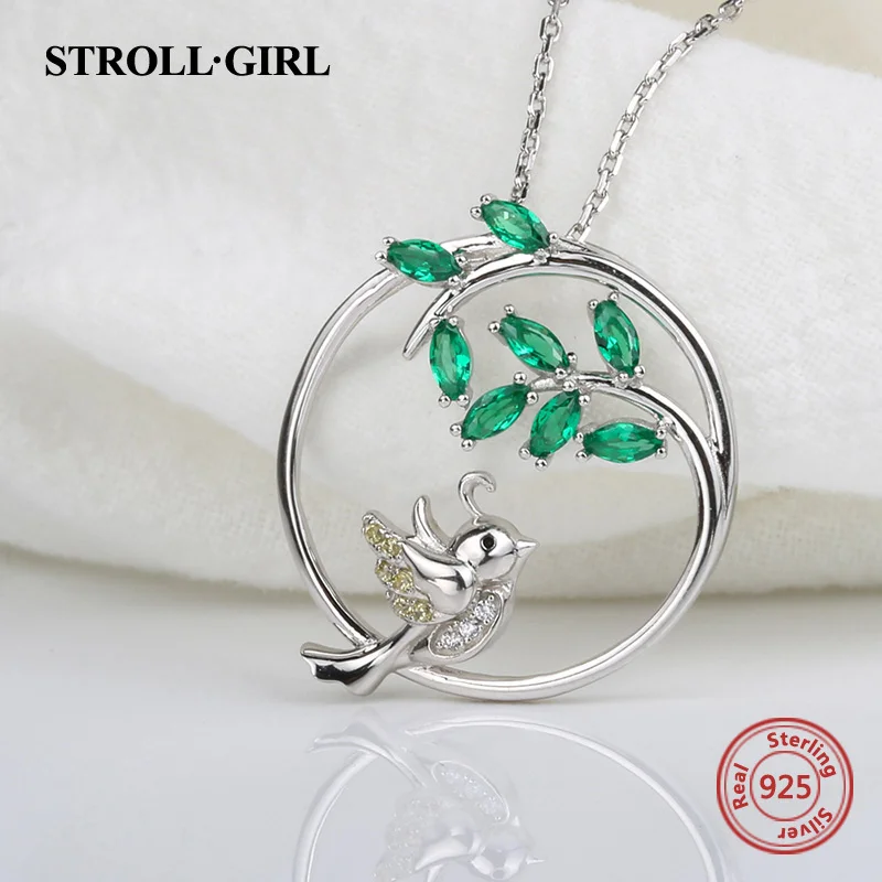 Strollgirl Sterling Silver 925 Lovely Bird & Tree Pendant Necklaces with Green Zircon Diy Fashion Jewelry Making for Women Gift