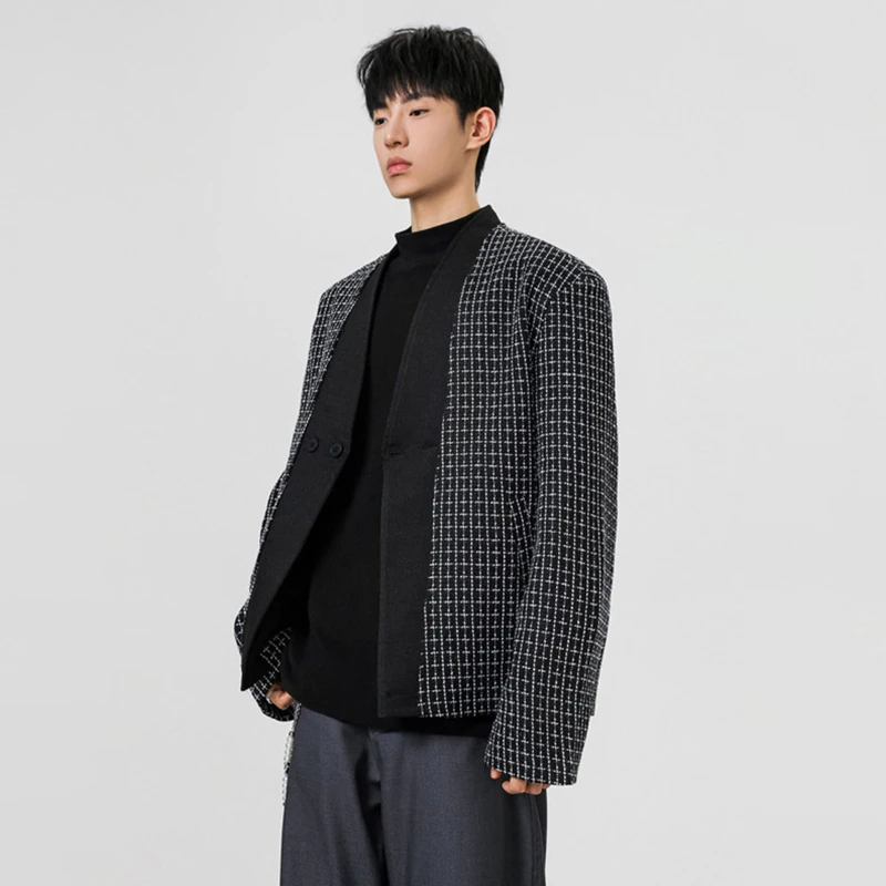 LUZHEN 2026 New Plaid Printed Splicing Design Cross Placket Blazer Coat Men's Handsome Korean Fashion Casual Male Jacket JY8948