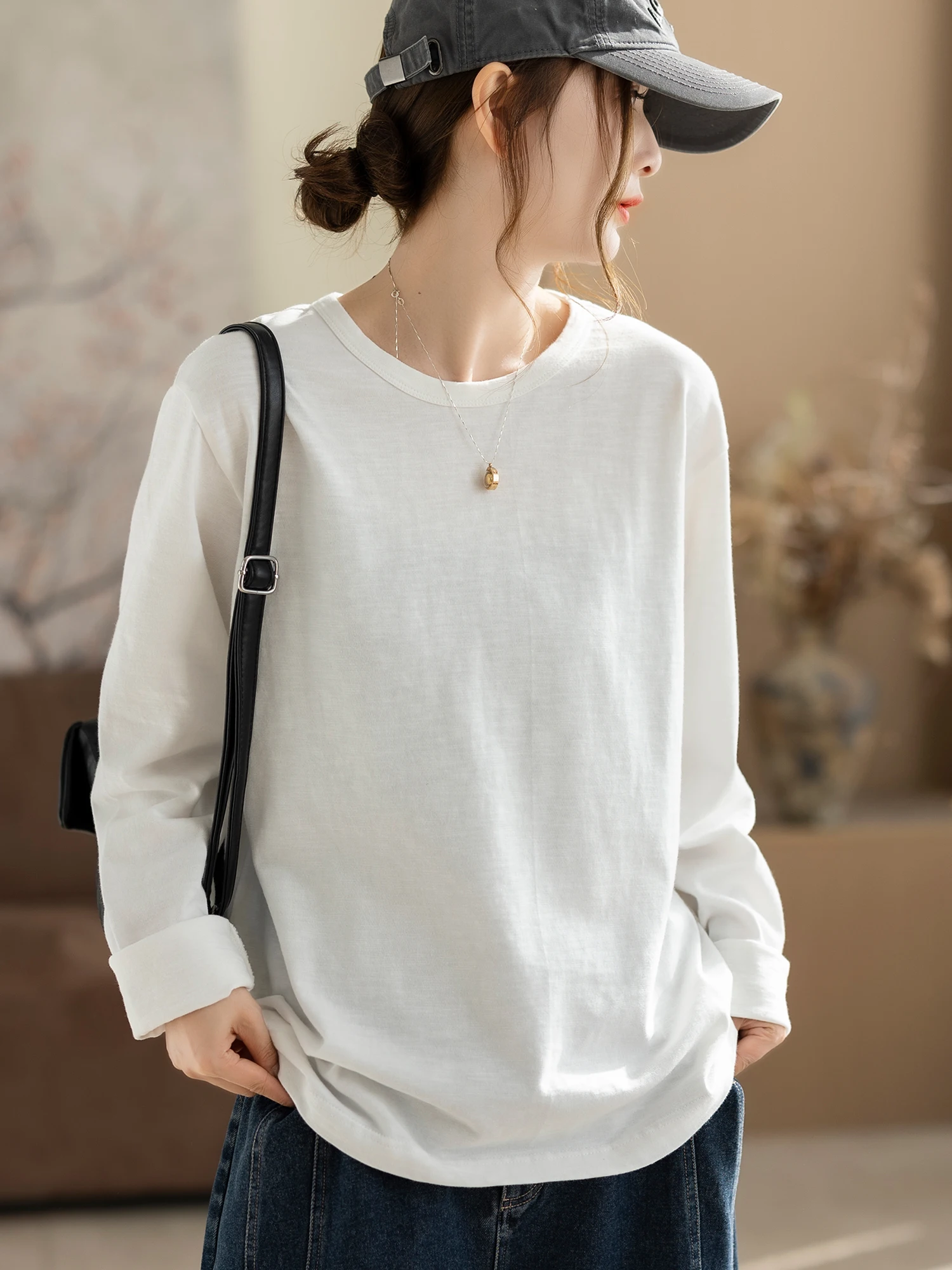 

Длинная хлопковая футболка женская свободного кроя с круглым вырезом, вышитая, дышащая, повседневная, удобная базовая футболка