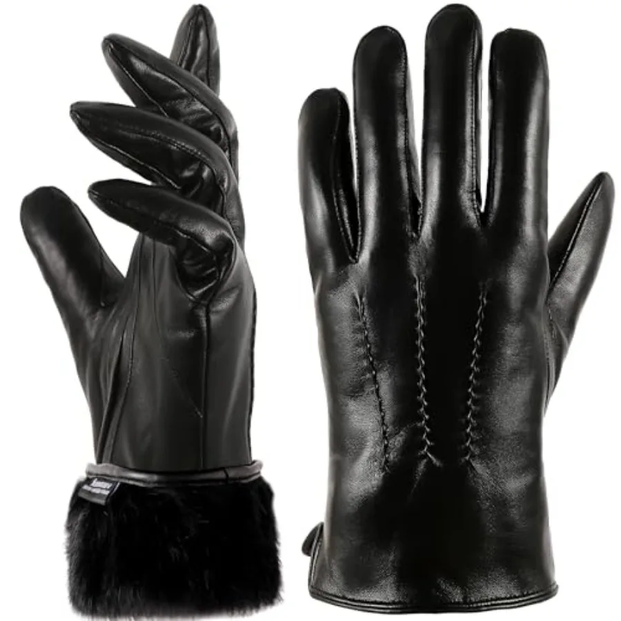 VIKIDEER Super Warm Fur Lined Leather Gloves for Men Touchscreen Driving