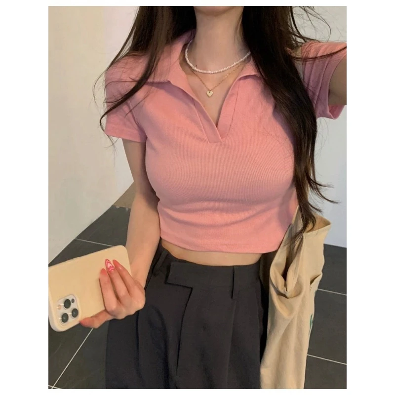 2025 sommer Kurzarm T Revers T-shirts Solide V-ausschnitt Pullover Retro Süße Crop Top Neue Weibliche Dünne Grundlegende Einfache Casual tees