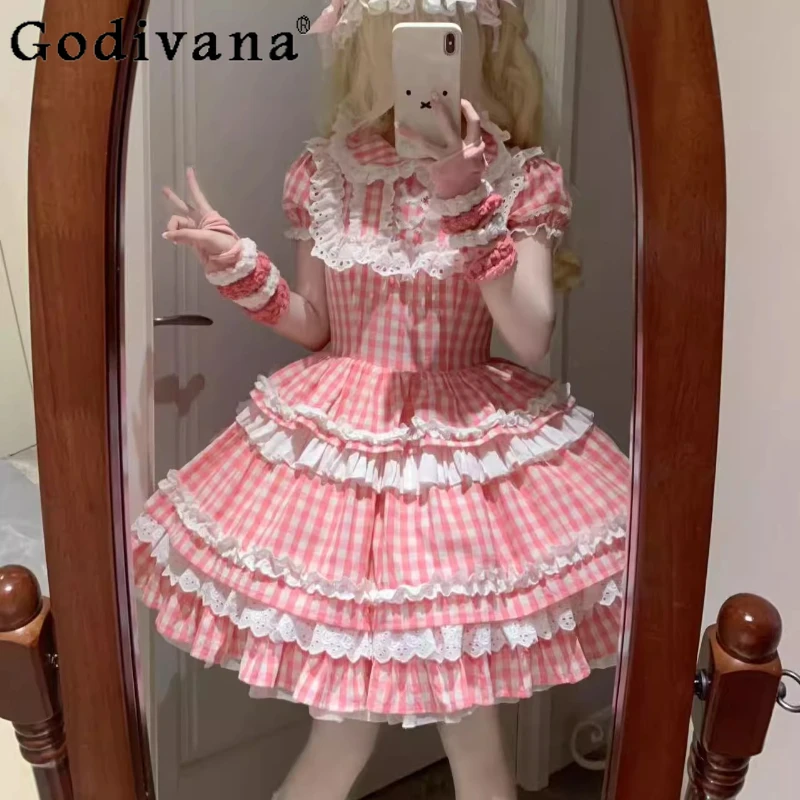 Vestido Original japonés suave para niñas, vestido a cuadros azul Kawaii OP, vestido ajustado de cintura alta para mujer, vestido de cumpleaños de Lolita diario, vestido Loli Lo Cos