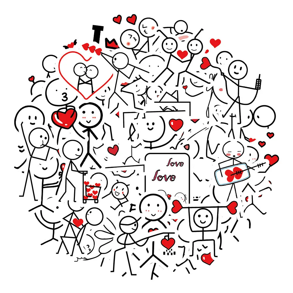 50Pcs Couple Stick Figure Doodle PVC Stickers - Luggage/Water Bottle/Bike Decor - Waterproof Self-Adhesive