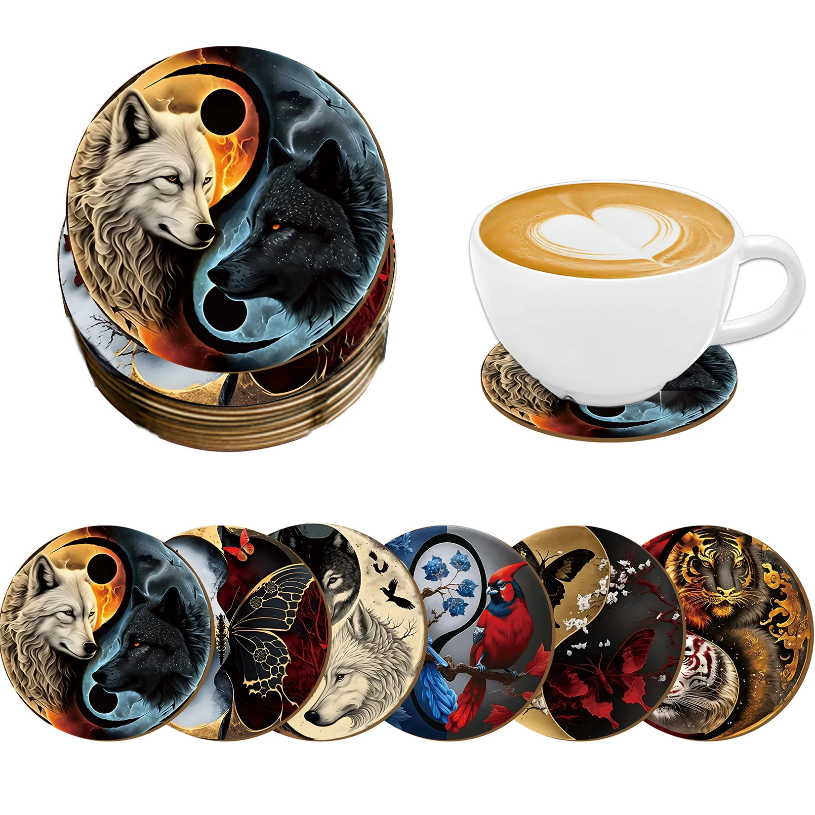 6pc Dreamy Animal Wolf/Bird/Butterfly/Tiger pattern wooden coasters and anti-slip pads are suitable for theme parties