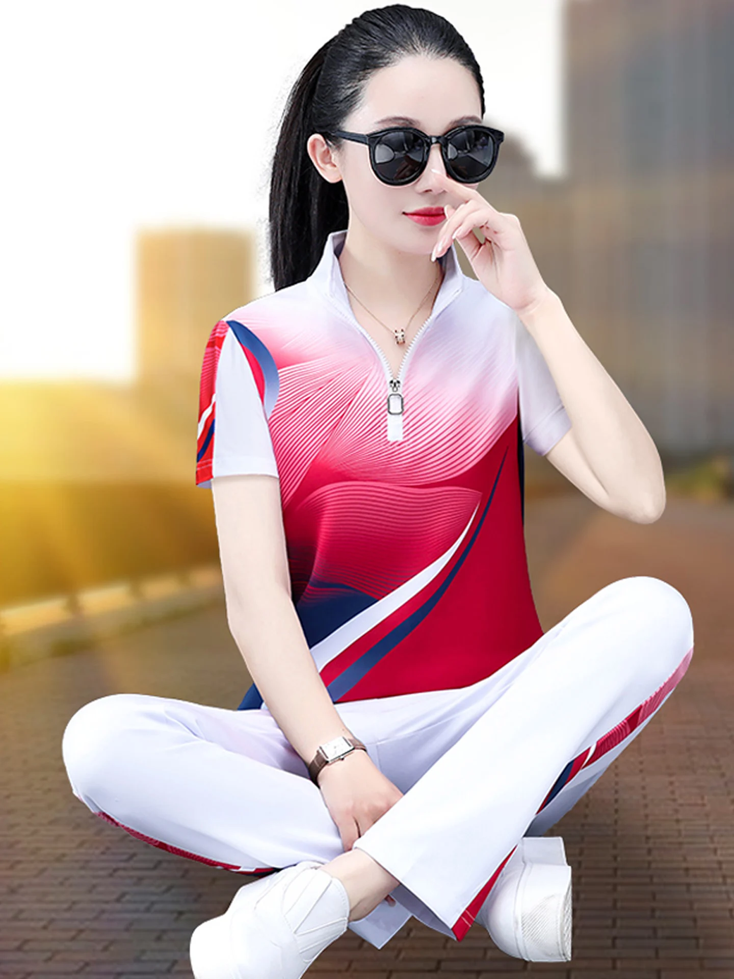 

Faionable Sportswear Set Women's Summer Thin Qui Dry Running Fitn Badminton Casual Two-Piece Set Polyester Fiber