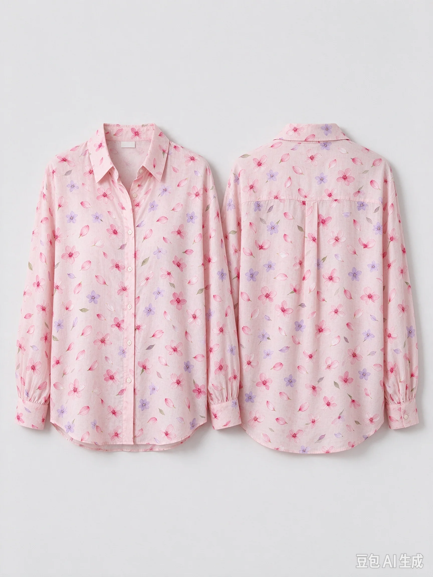 Unisex All Over Petal Print Long Sleeve Shirt, Loose Button Down Shirt with Front & Back Pattern for Men Women Floral Casual Str