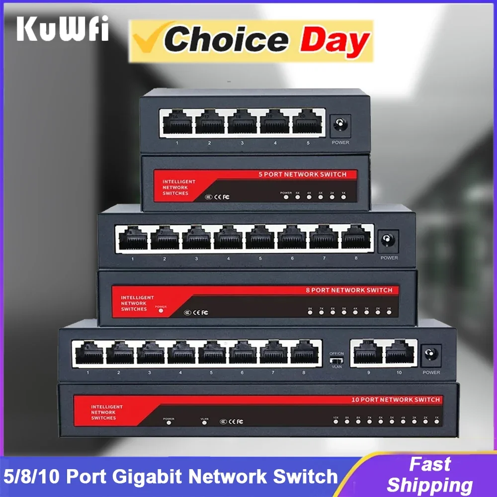 KuWFi 5/8/10 منفذ جيجابت محول إيثرنت 10 100 1000Mbps محول الشبكة سريع RJ45 LAN Hub سطح المكتب التبديل لمكتب المنزل لا PoE