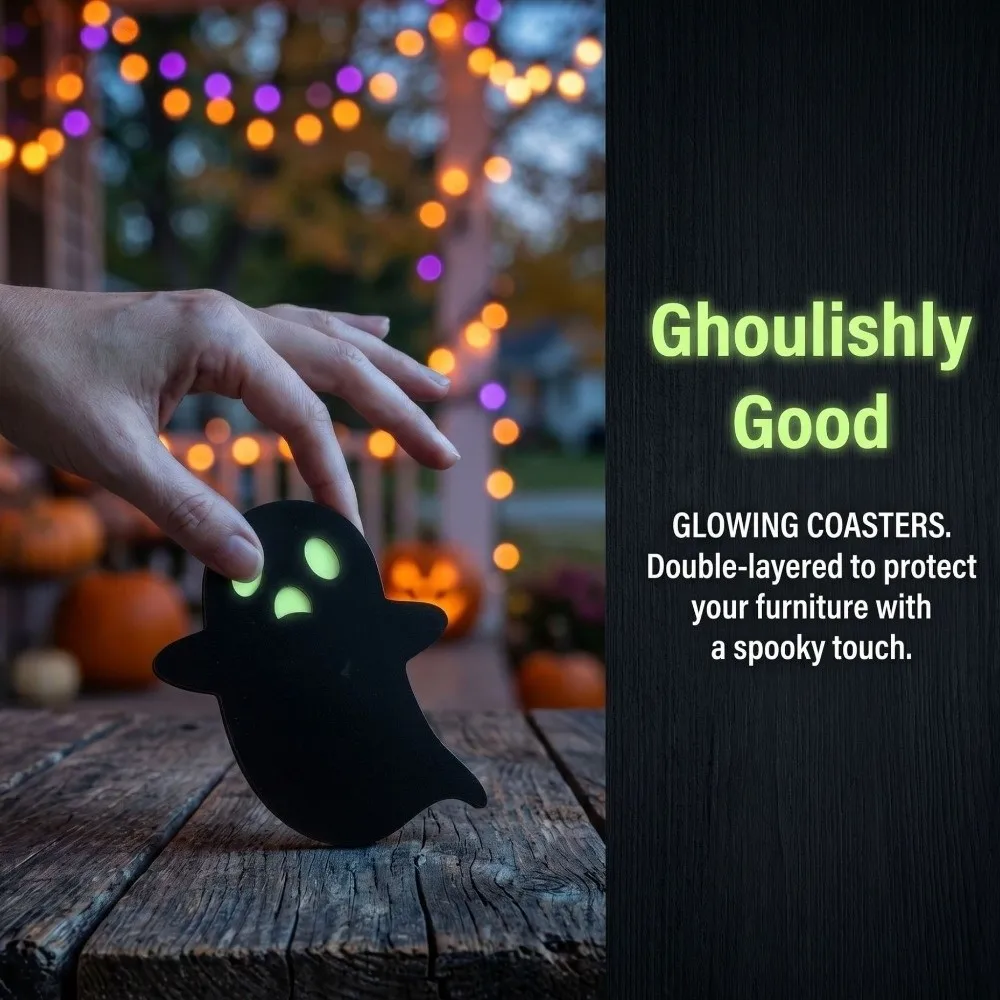 4/8PCS Anti-slip Glow-in-the-dark Coasters Spooky Luminous Wooden Pumpkin Coasters Dark Style Heatproof Skull Drink Coasters