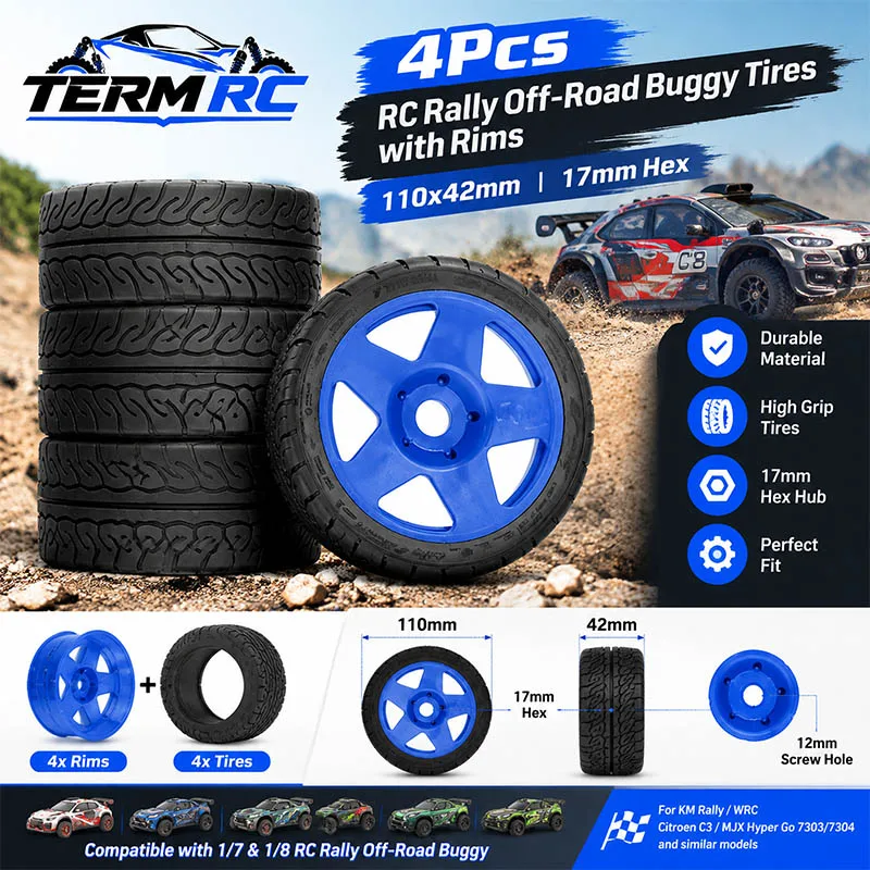 4Pcs 1/7 1/8 RC Rally Off-Road Buggy Tires with Rims 110x42mm 17mm Hex for KM WRC Citroen C3 MJX Hyper Go 7303 7304