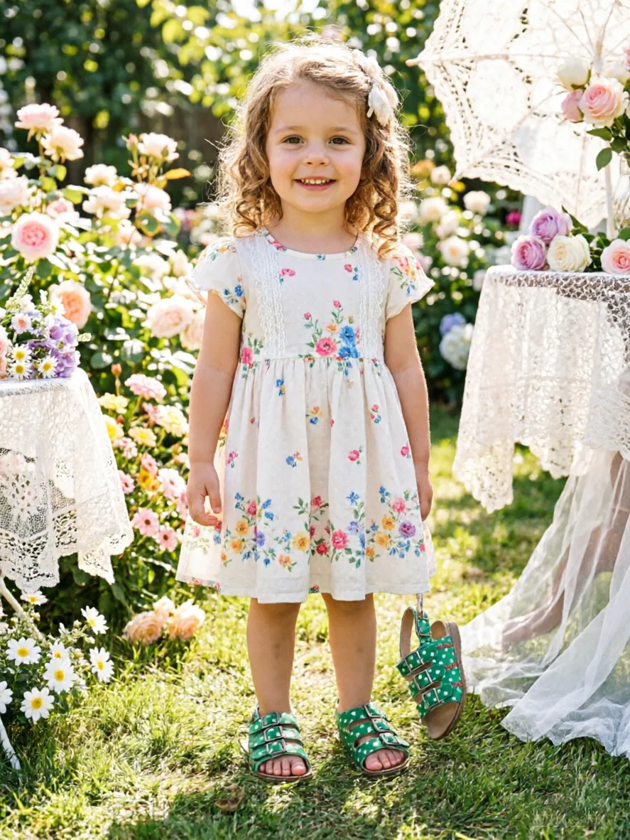 

Summer Kids Girls Candy Color Sandals Polka Dot Print Cork Sole Soft Sole Non-Slip Children's Beach Shoes Retro Princess Style