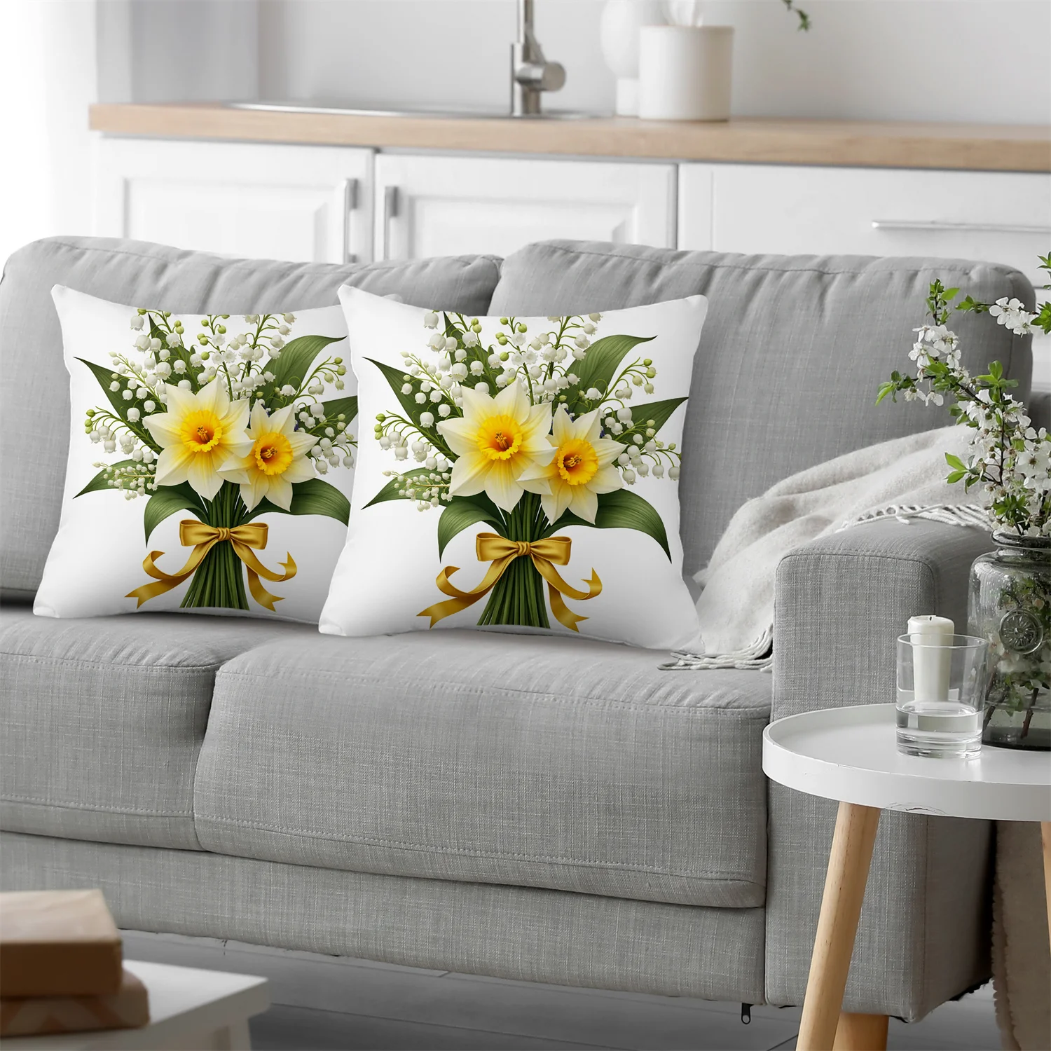 1PC Throw Pillow Cover,Lily Of The Valley Daffodil Bouquet Print,Floral Elegant Style,For Sofa Bedroom Couch Home Decor