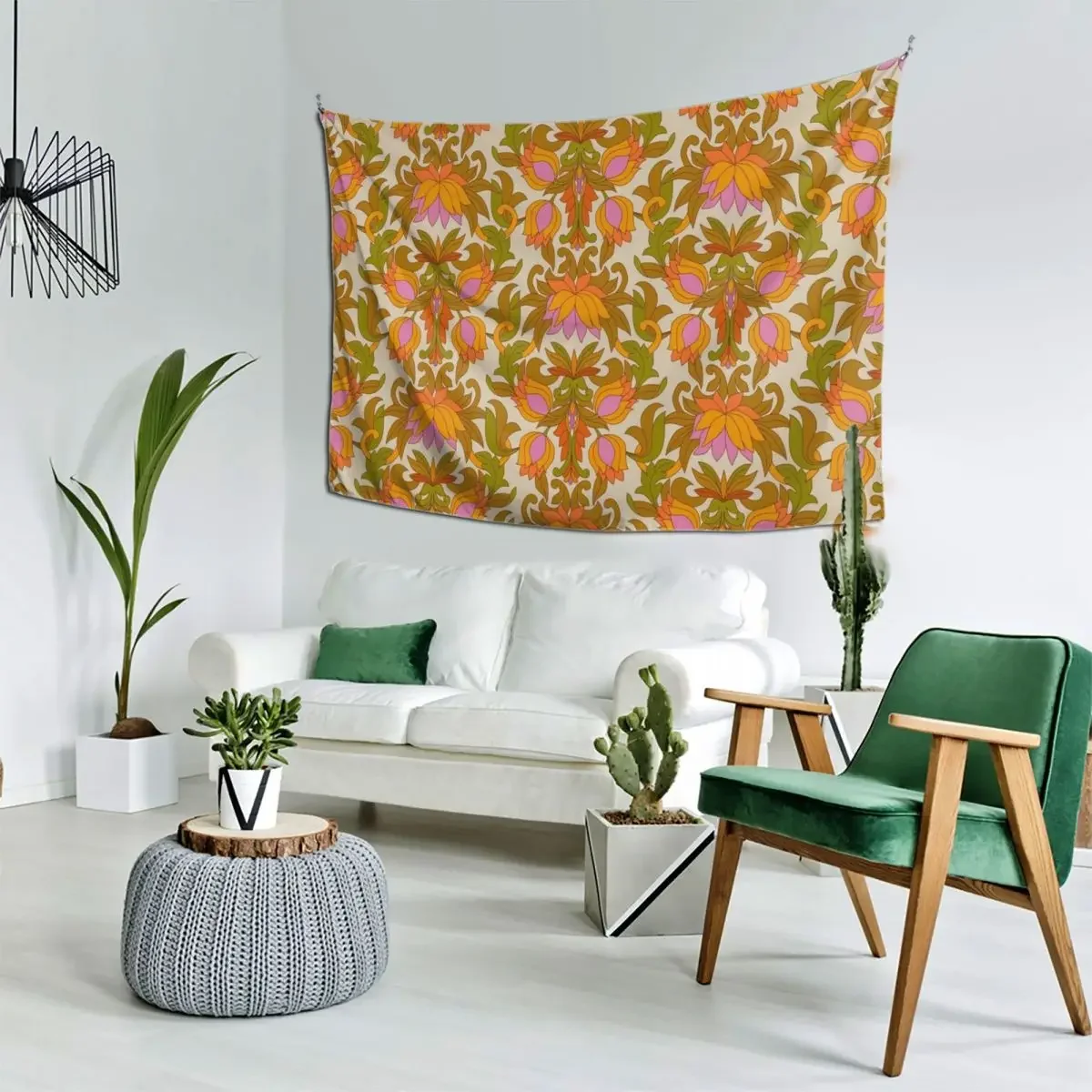 

Orange, Pink Flowers and Green Leaves 1960s Retro Vintage Pattern Tapestry House Decor Room Decor For Girls Wall Art Tapestry