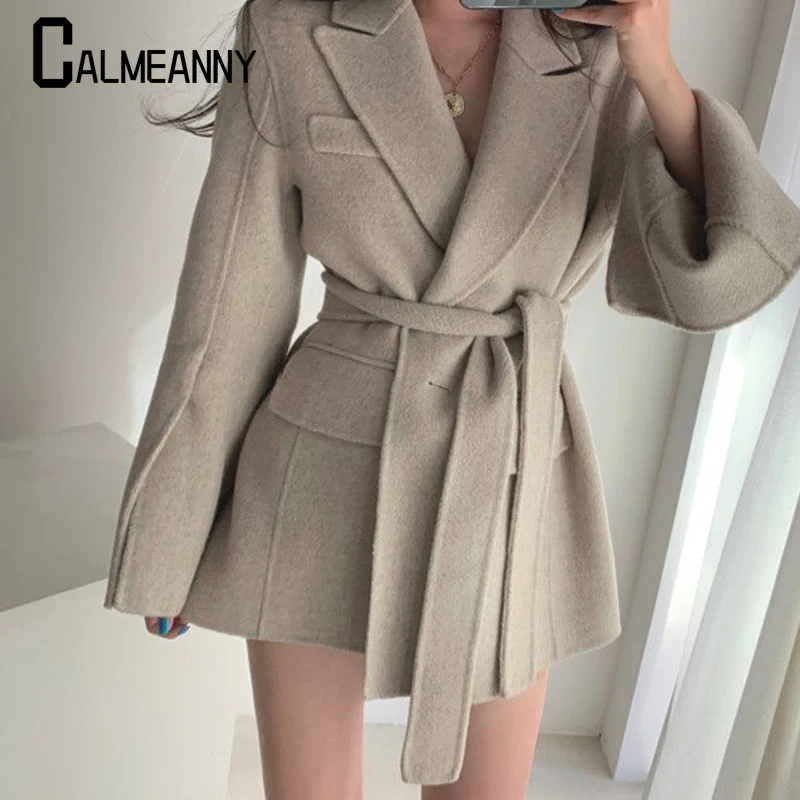 2023 Winter New Style Woolen Jacket Women Lace-up Chic Thicken Blend Korean Edition Elegant Lapel Long Coats Ladies Office Trend