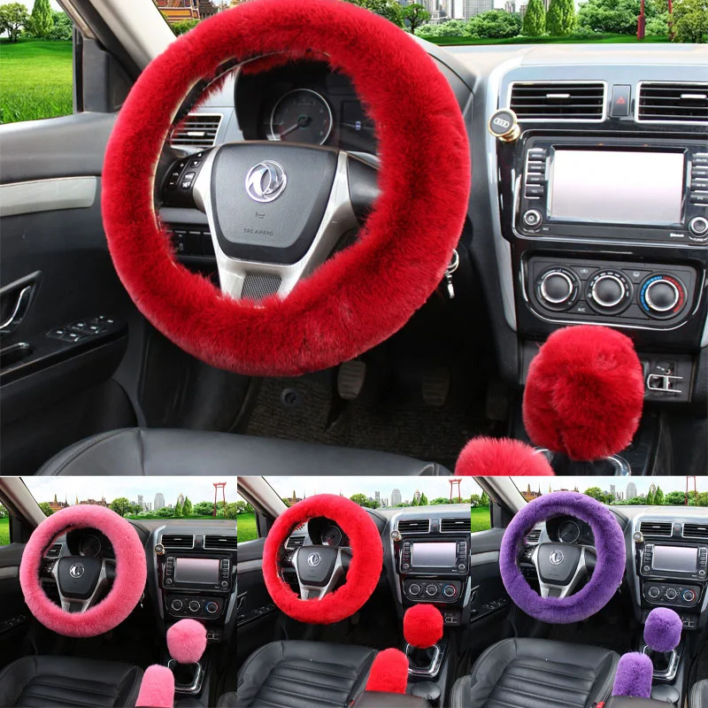 

Car Interior Steering Wheel Cover Artificial Rabbit Fur Warm Winter Car Handbrake Heating Shift Cover 3Pcs/set Car Accessories