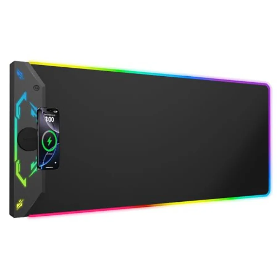 Gaming Mouse Pad RGB, 35"x15.8" Large Keyboard Desk Mat with Magnetic Wireless Charging for iPhone, 24 Light Effects, Non-Slip