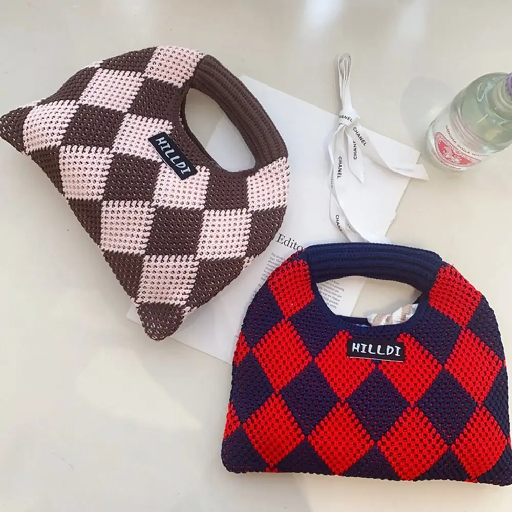 Knit Knitted Bag Portable Chessboard Diamond Pattern Wool Handbag Makeup Bag Letter Outdoor