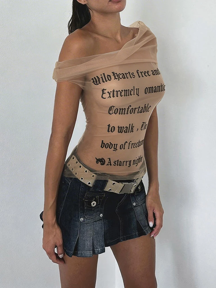 Sisterlinda Fashion Mesh Patchwork T-Shirts Woman Summer Trend Letter Print Slash Neck Backless Hot Girls High Street Style Tops