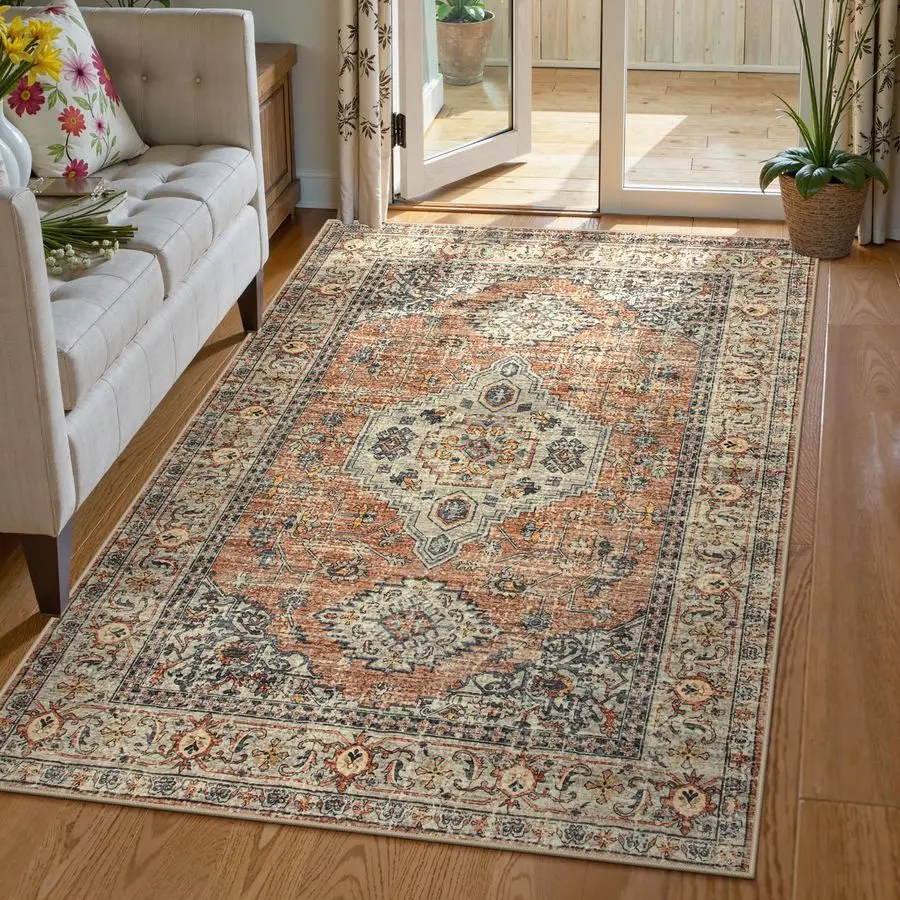 

Oriental Washable Rug, 3x5 Rugs for Bedroom Living Room Entryway, Vintage UltraThin NonSlip Soft Throw Carpet for Kitchen Office