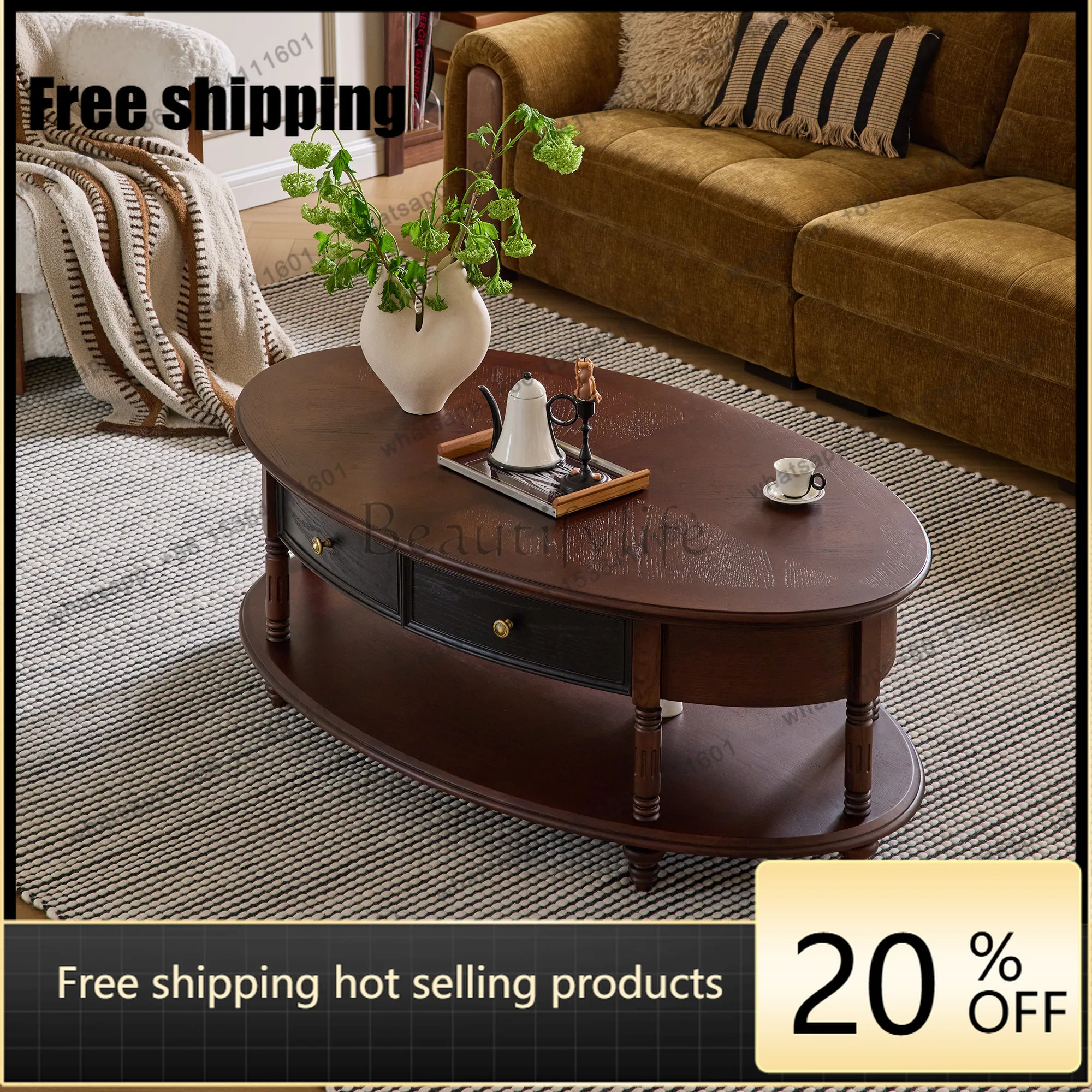 LD French antique solid wood coffee table living room home retro oval double-layer storage tea table