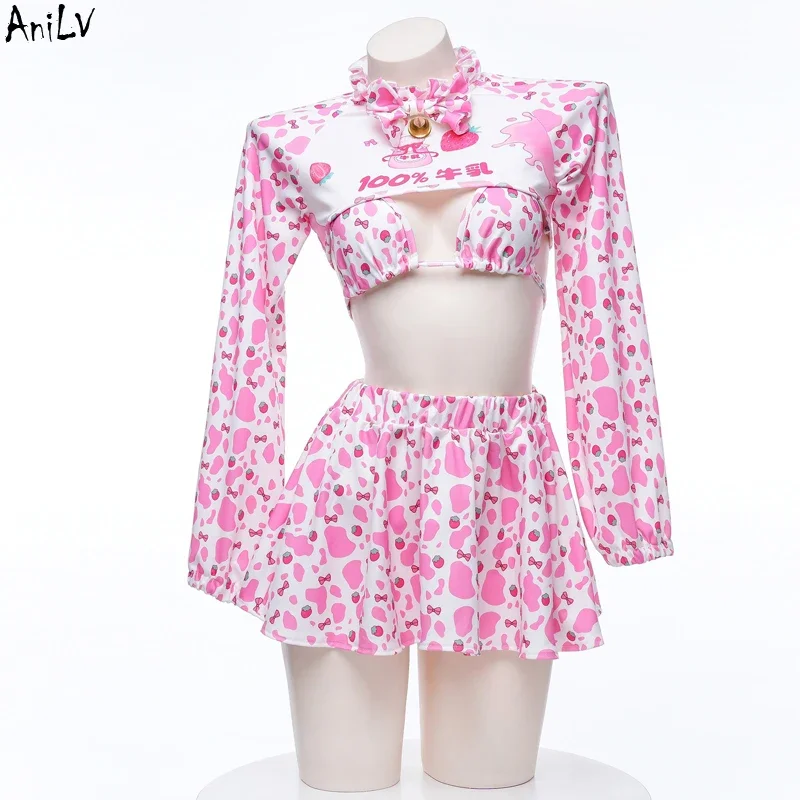 AniLV 2023 Summer Beach Sweet Girl Cow Swimsuit Uniform Women Pink Dairy Catt Bikini Set Swimwear Outfit Costume Cosplay