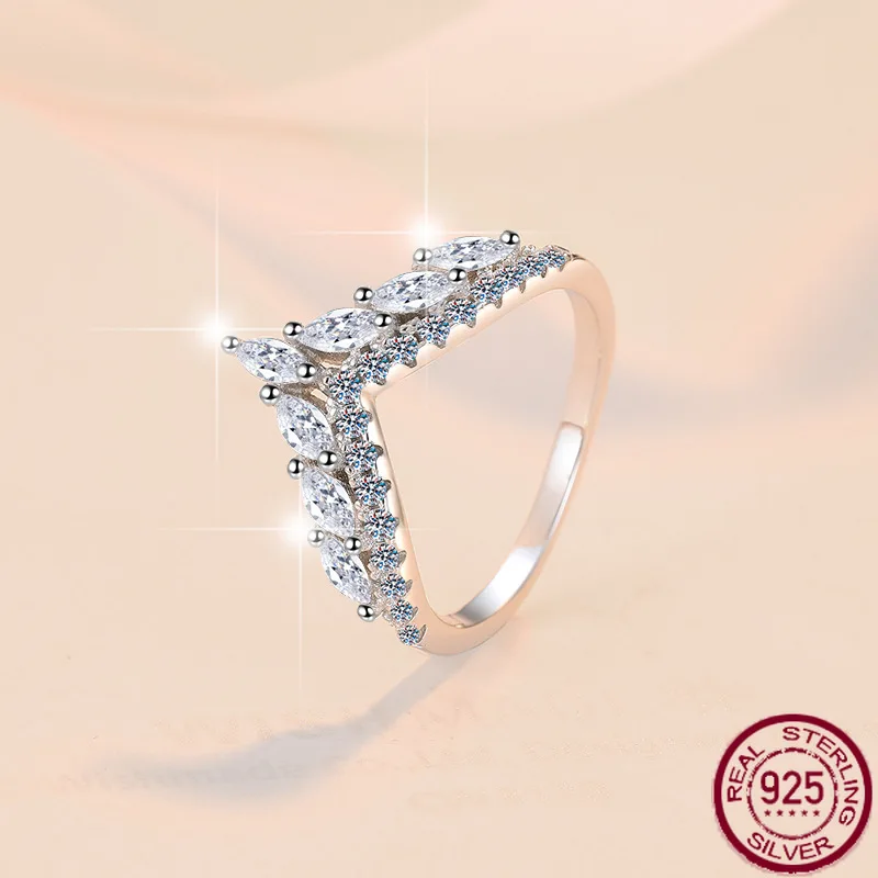 

Новое серебряное кольцо S925, имитация желаний, V-образное кольцо с короной, инкрустированное свадебными украшениями из муассанита с открытым отверстием